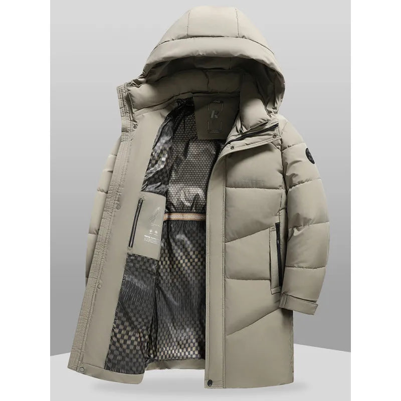 Long black quilted hooded men's puffer coat