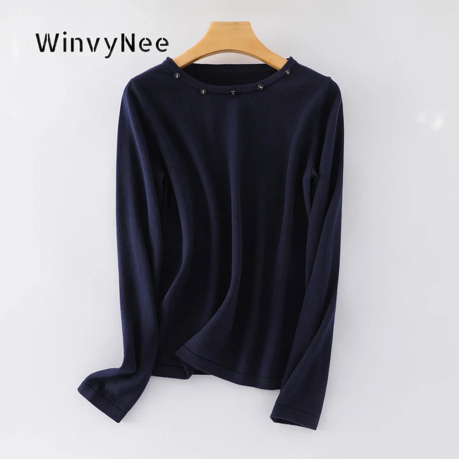 Women's fine-knit long-sleeve crew-neck top with metallic details