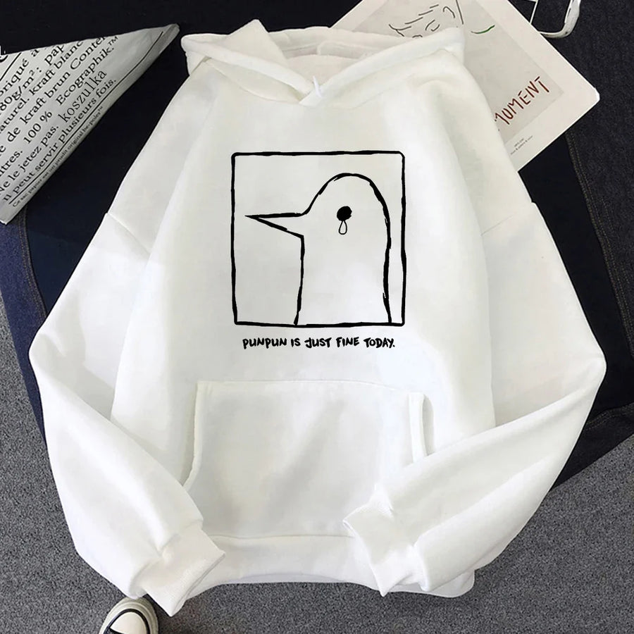 Oversize-Kapuzenpullover in Beige mit Motiv des traurigen Vogels „Punpun“