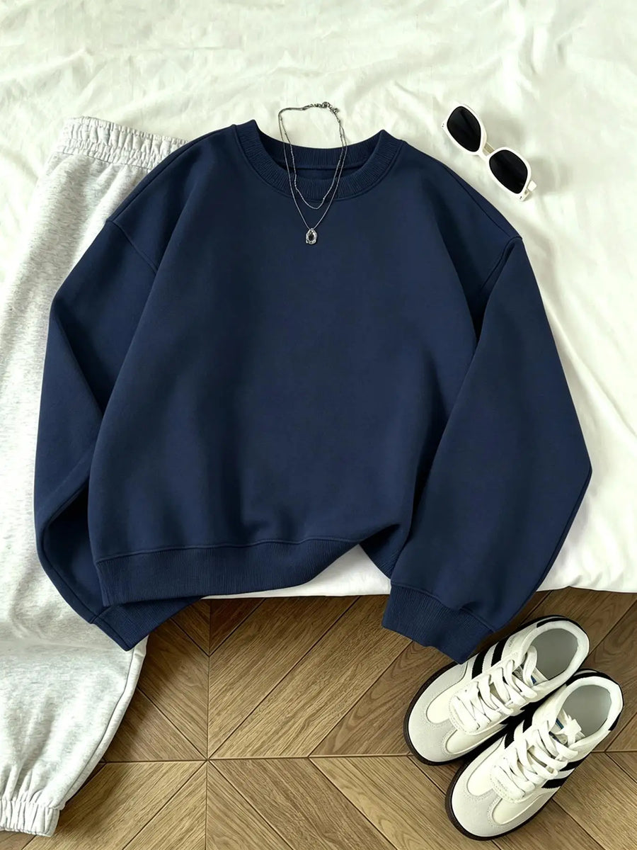 Sudadera informal para mujer con cuello redondo, corte holgado y color gris oscuro