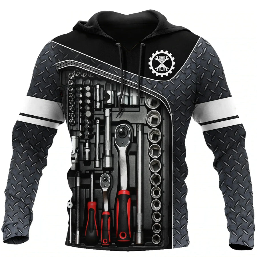 Sweat à Capuche Homme Imprimé Mécanicien Moteur Engrenages Outils