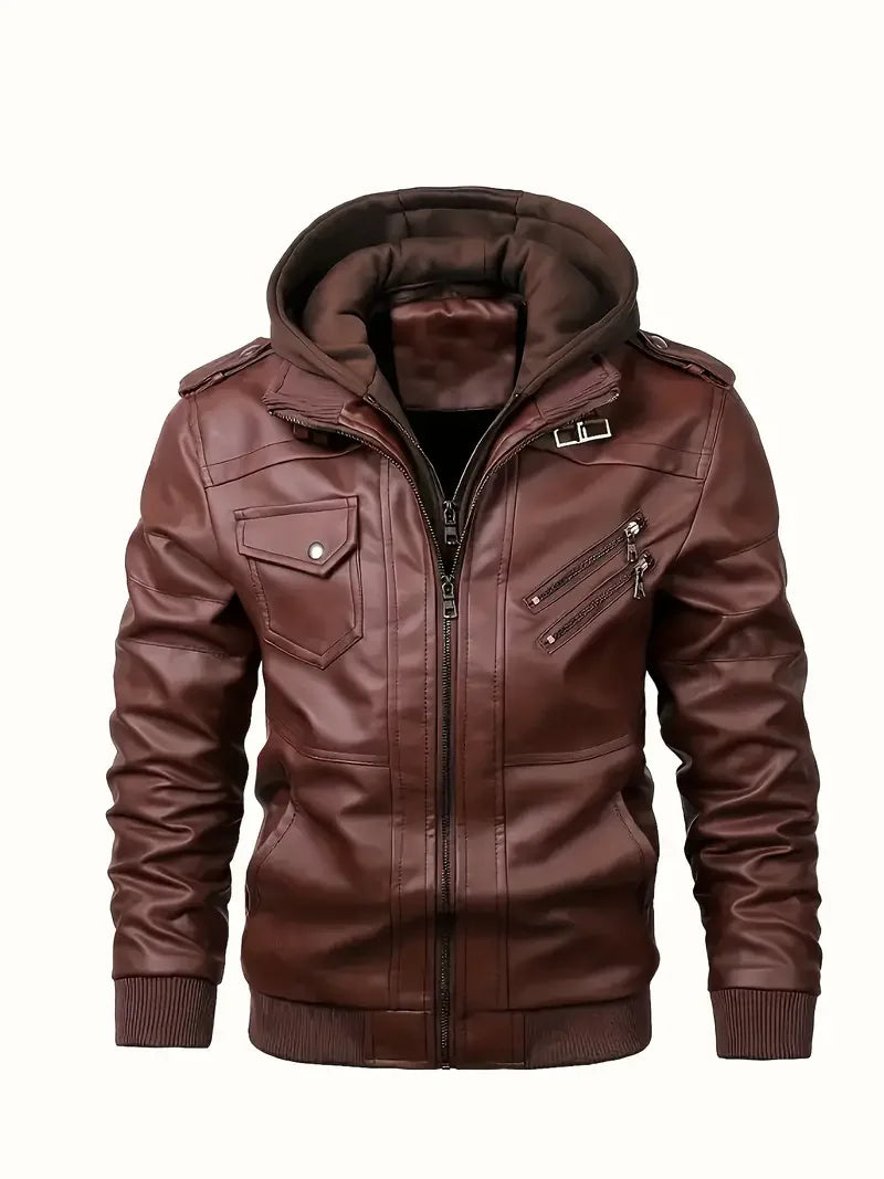 Giacca da uomo in ecopelle con cappuccio staccabile, giacca da moto nera e grigia