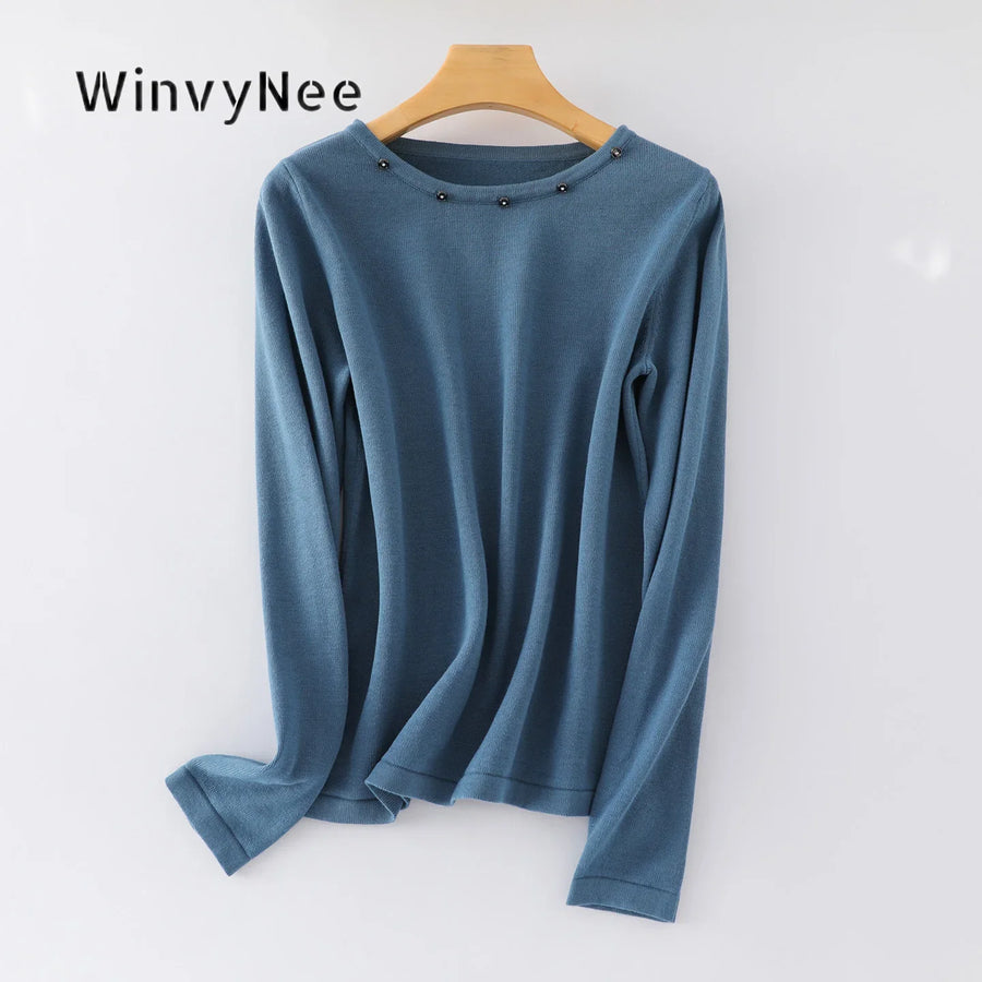 Women's fine-knit long-sleeve crew-neck top with metallic details