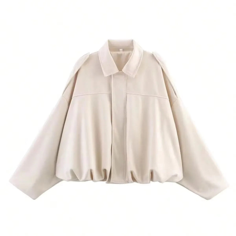 Cazadora corta de aviador de mujer de color liso, con cuello de solapa y mangas amplias