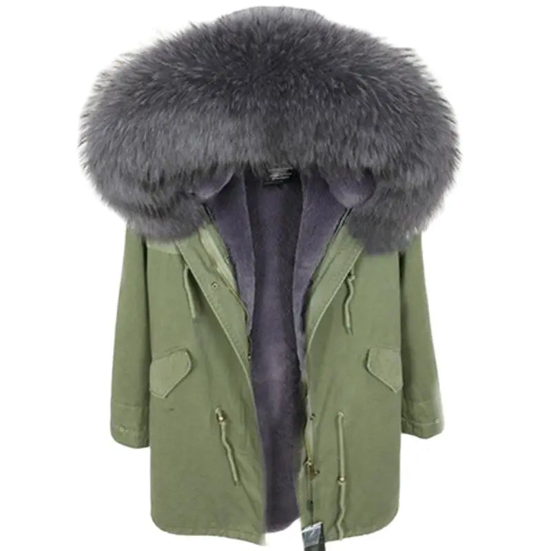 Parka da donna con cappuccio e fodera rimovibile in ecopelliccia spessa color kaki