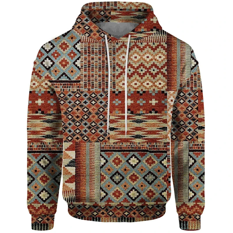 Sudadera con capucha estampada de patchwork con motivos geométricos y florales rojos y beige