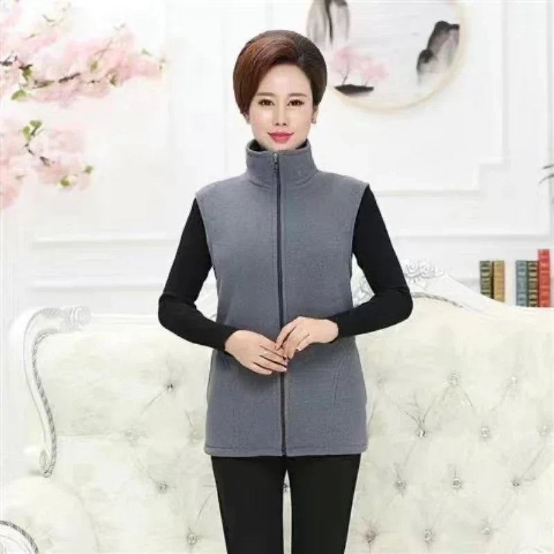 Chaleco polar morado para mujer, sin mangas, con cuello alto y cremallera