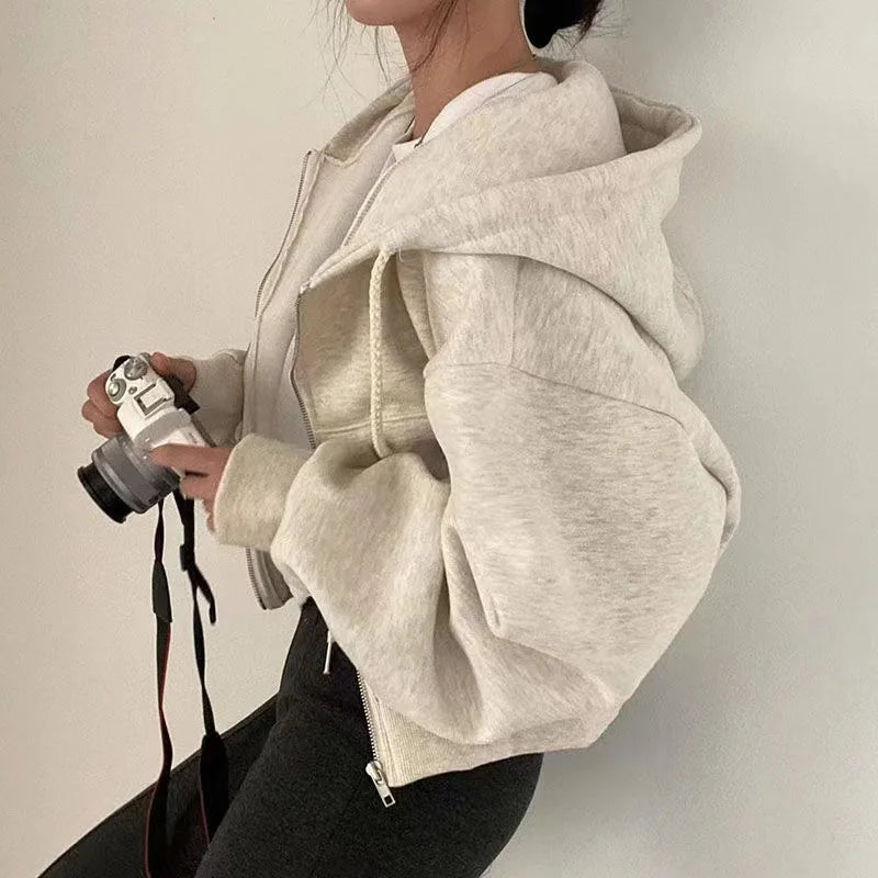Sudadera corta con capucha y cremallera para mujer, de manga larga y color liso