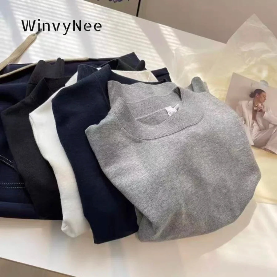 Women's solid-color short-sleeve knit T-shirt with a high neck
