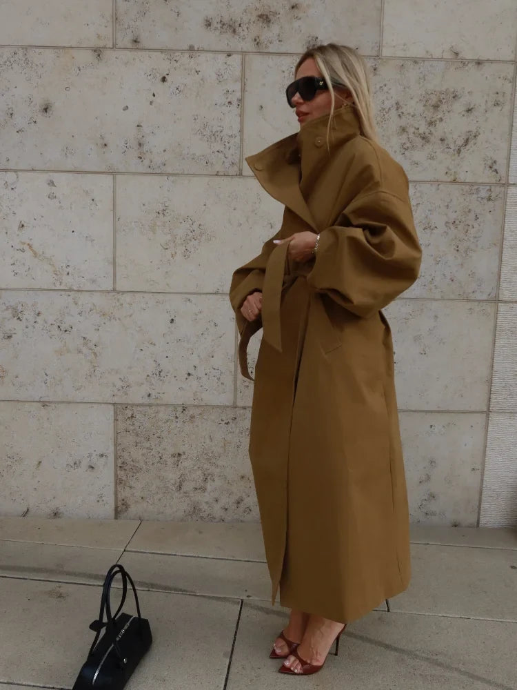 Trench-coat ample pour femme, long ou court, avec ceinture et col montant