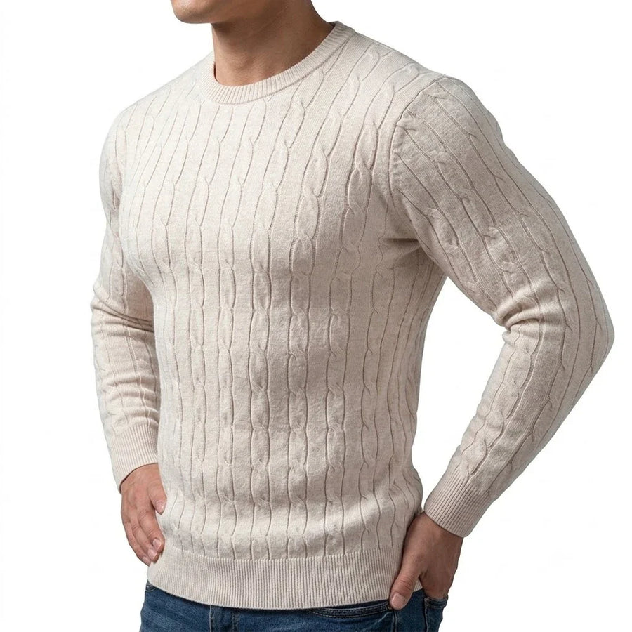 Jersey de hombre de punto trenzado, cuello redondo, manga larga y color liso
