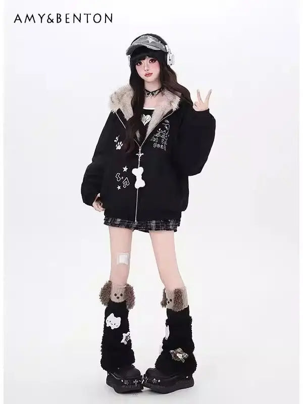 Damenkapuzenjacke mit Katzenohren und Kunstpelzbesatz