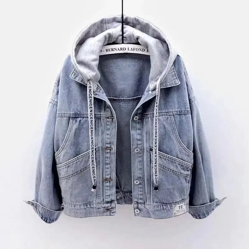 Women's Gray Washed Denim Jacket with Integrated Hood