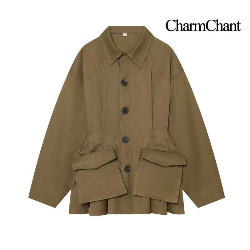 Giacca camicia casual da donna, tinta unita, con tasche applicate e colletto classico