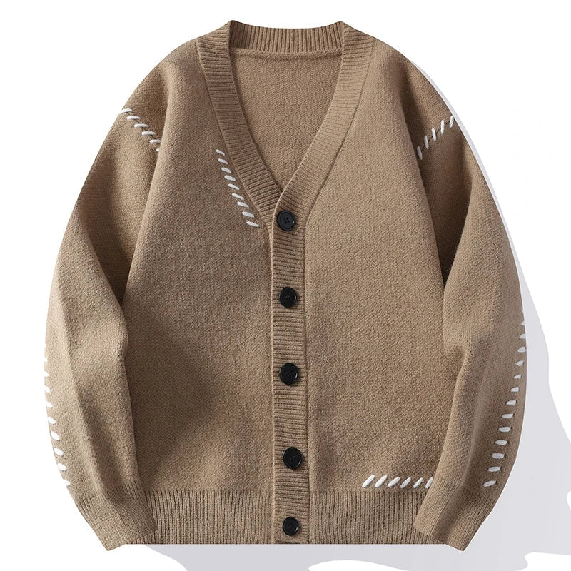 Cardigan informal de punto para hombre, verde oscuro, con cuello de pico, botones y motivos de punto
