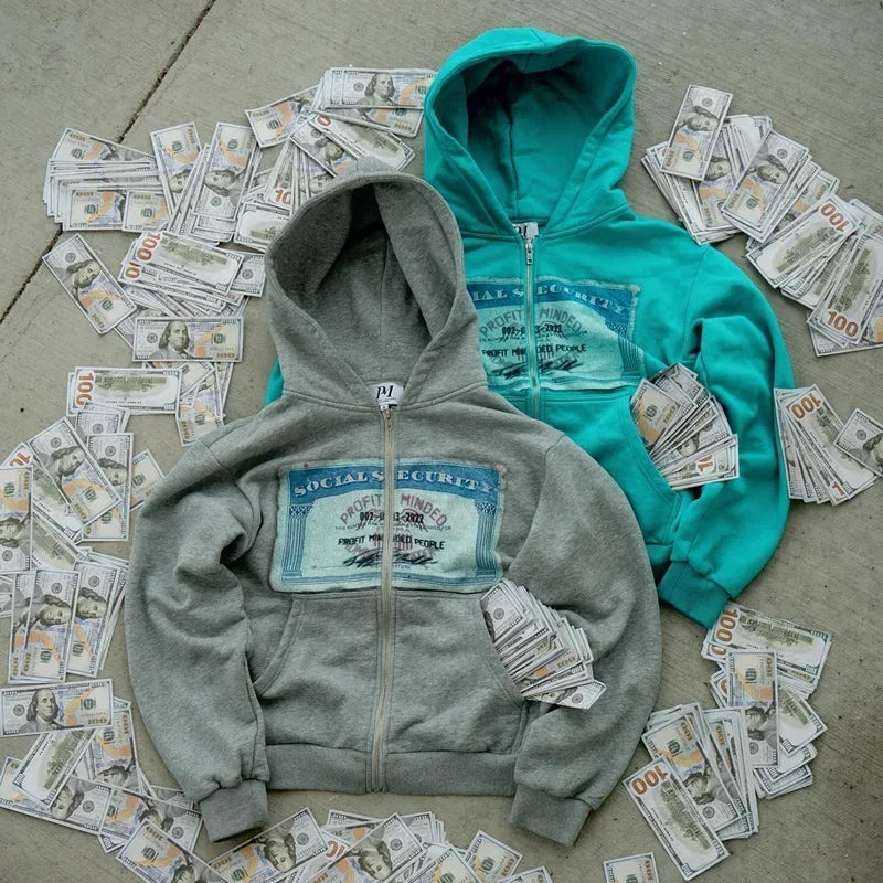 Sweat à Capuche Zippé Court Imprimé Type "Social Security"