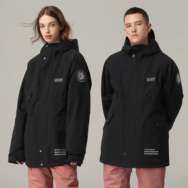 Giacca da sci impermeabile unisex con cappuccio, bianco sporco per snowboard e sport invernali