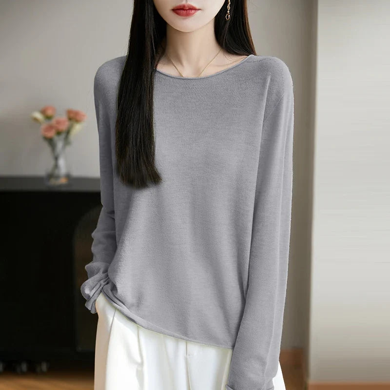 Suéter fino informal de mujer, de manga larga, cuello redondo y color liso