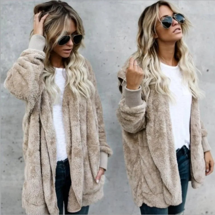 Gilet long femme doux à capuche uni avec poches