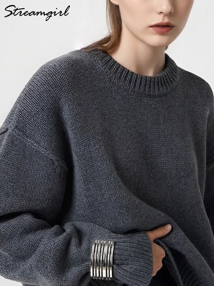 Jersey informal de manga larga y cuello redondo para mujer