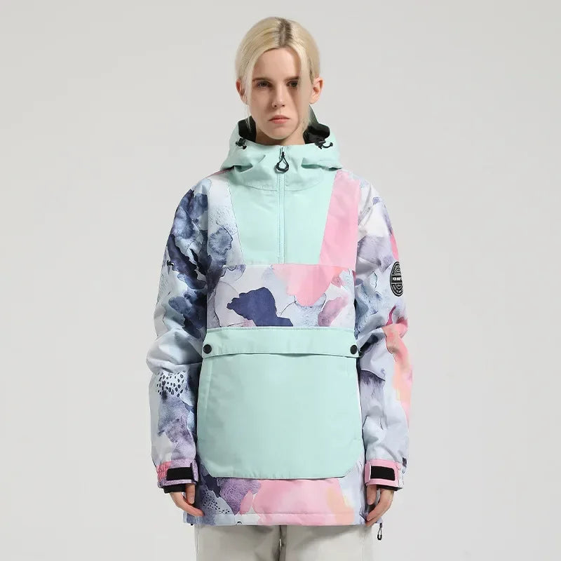 Damen-Anorak-Skijacke mit Kapuze, wasserdicht und winddicht, mit großer Fronttasche
