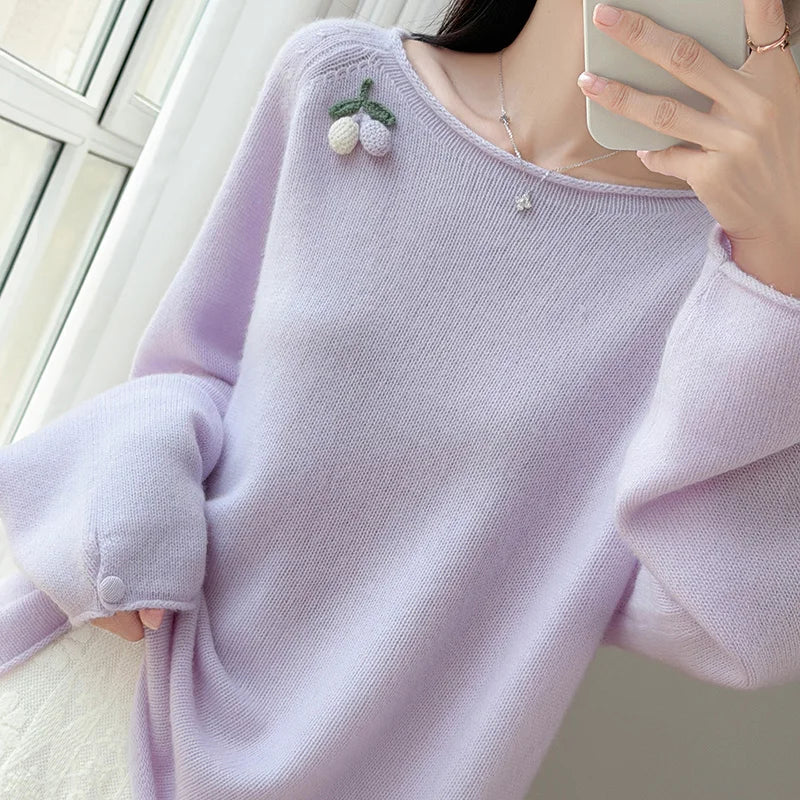 Oversized pullover til kvinder med lange ærmer og broderet mønster - fås i flere farver