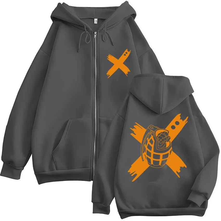 Sweat à capuche zippé imprimé motif fantaisie avec poches kangourou