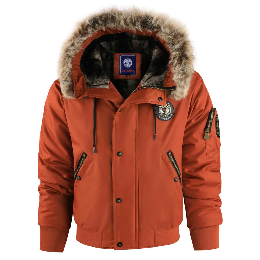 Chaqueta bomber de hombre con capucha ribeteada de piel sintética y forro cálido, negra