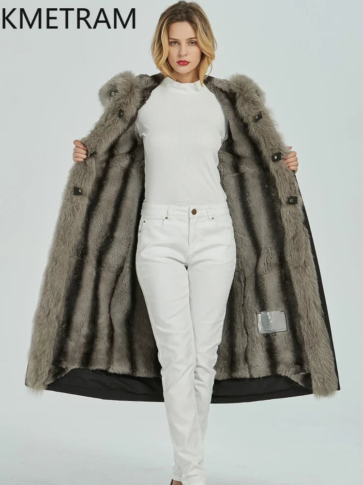 Black long parka for women with a hood and gray faux-fur lining