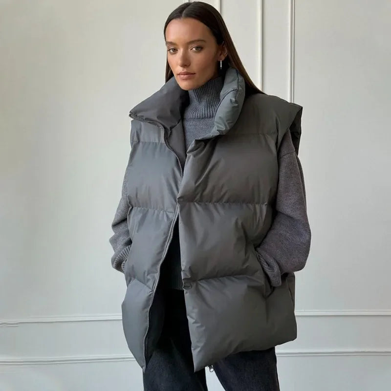 Gilet piumino da donna senza maniche, imbottito, con collo alto, grigio