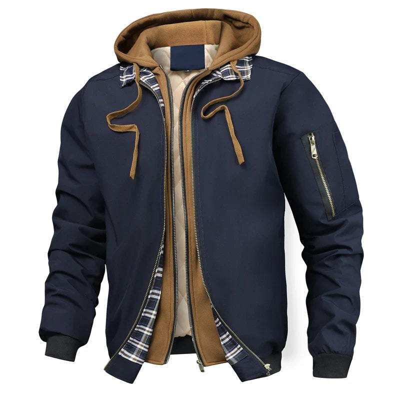 Herren-Bomberjacke mit abnehmbarer Kapuze und kontrastierendem Futter