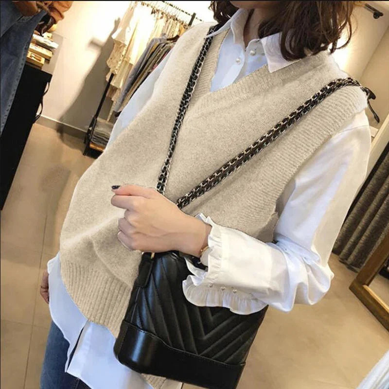 Chaleco de punto sin mangas con cuello de pico para mujer, color liso, estilo informal