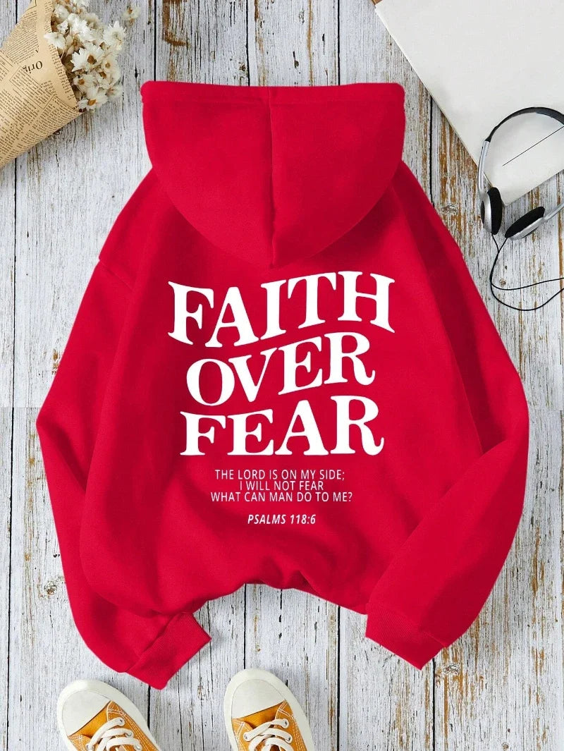 Felpa con cappuccio unisex a tinta unita con stampa "Faith Over Fear"