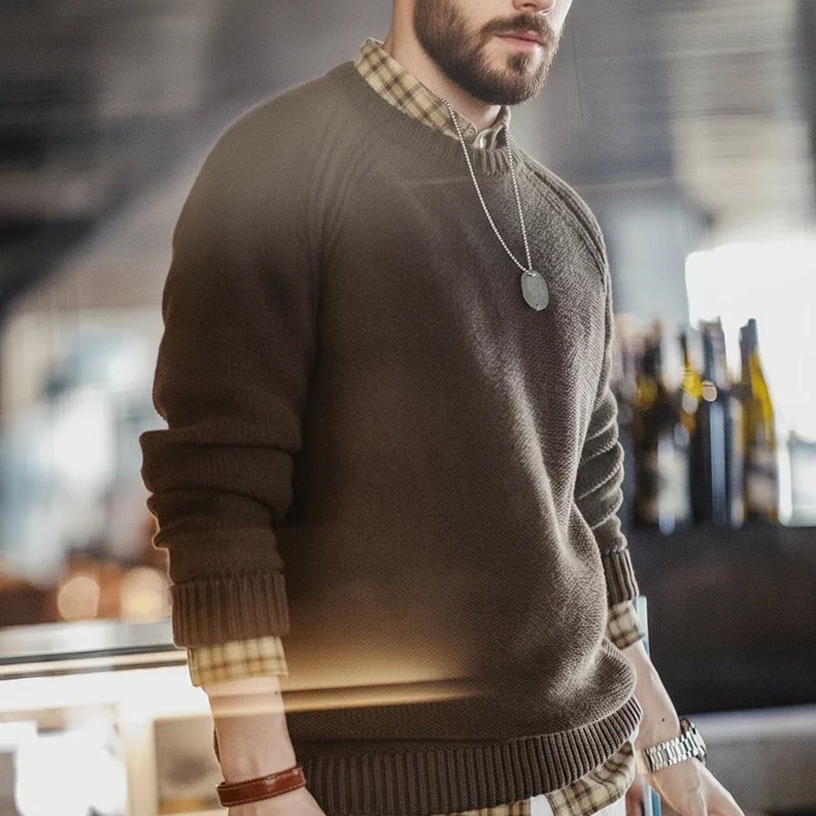 Jersey de punto texturizado marrón para hombre, mangas raglán y cuello redondo