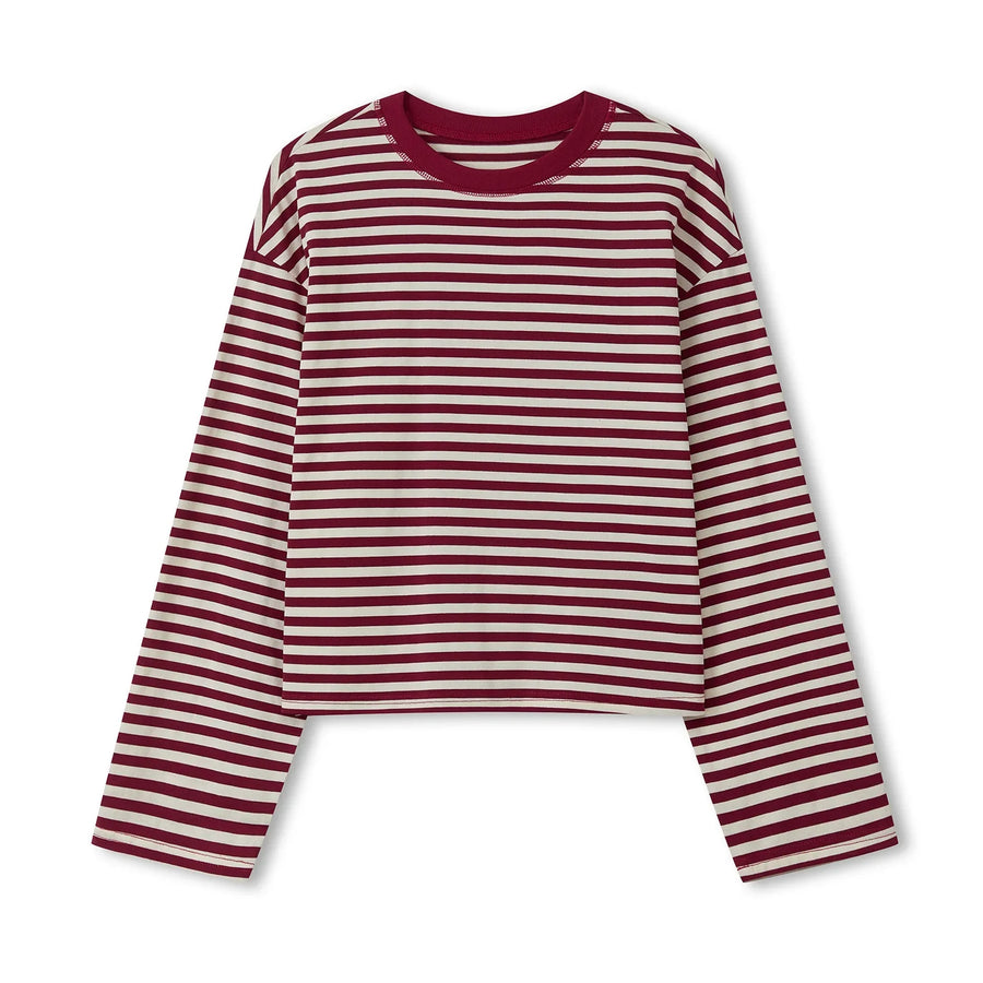 Gestreept dames-T-shirt met lange mouwen, kort en losvallend