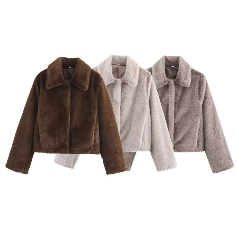 Chaqueta corta de piel sintética para mujer, cuello clásico y mangas largas