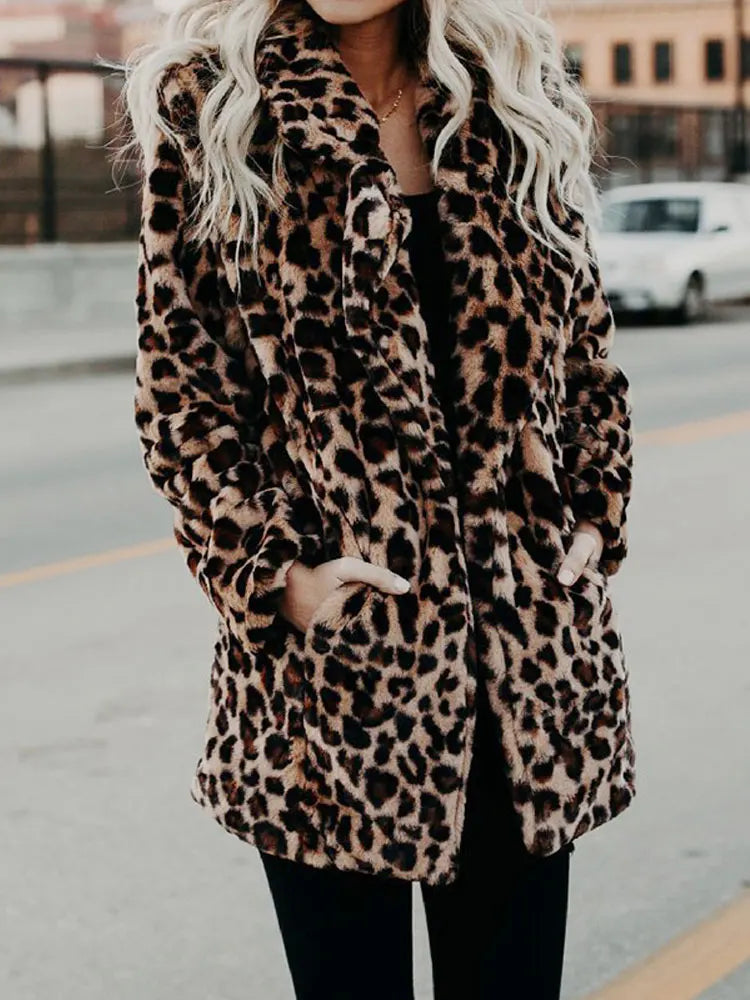 Women's Soft Leopard-Print Coat with Wide Collar