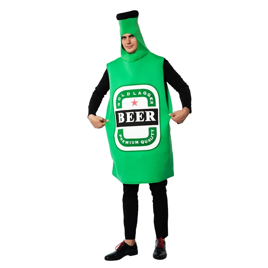 Déguisement Bouteille de Bière Verte Adulte avec Coiffe Intégrée et Imprimé "BEER"