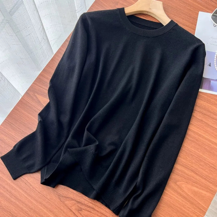 Jersey de cuello redondo y manga larga para mujer, de color liso