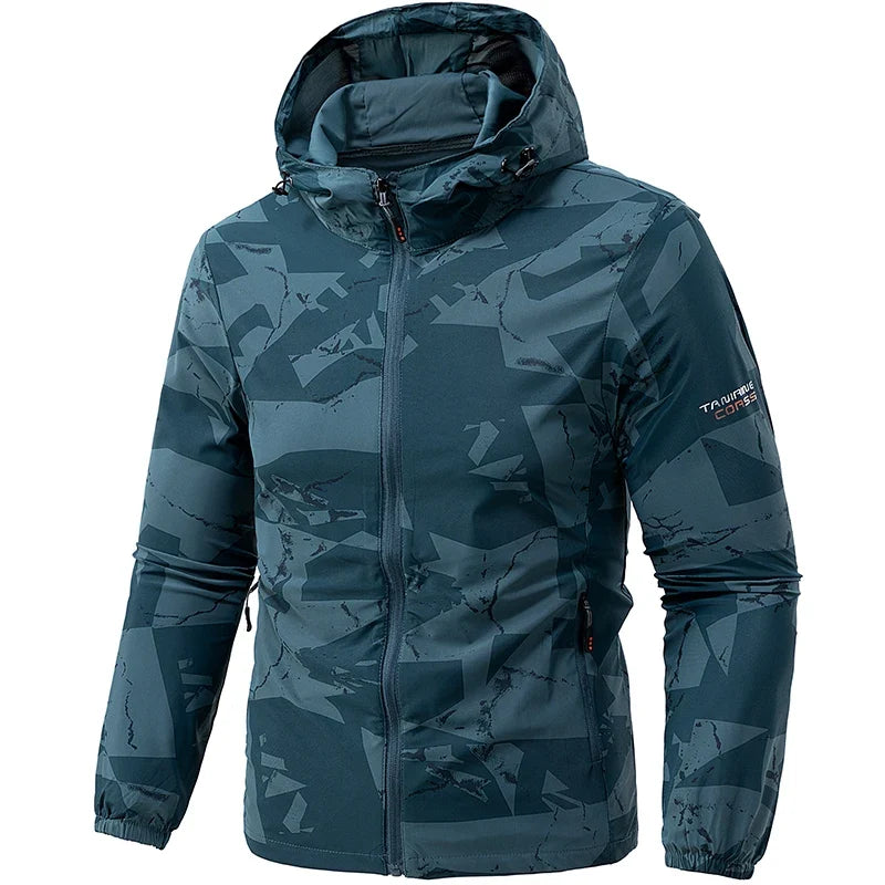 Chaqueta con capucha para hombre, estampado geométrico gris y blanco