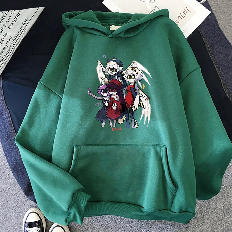 Felpa con cappuccio unisex con stampa anime, tasca a marsupio e coulisse