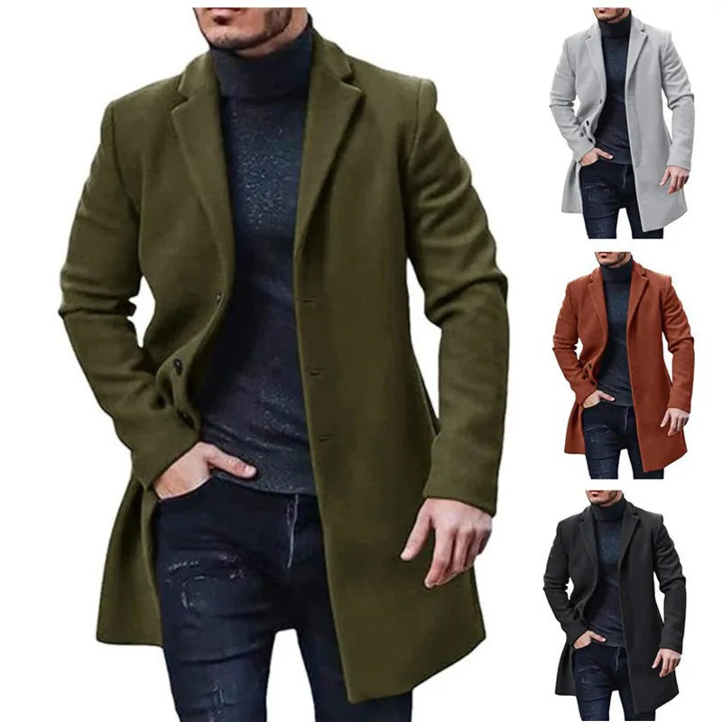 Cappotto lungo da uomo tinta unita con colletto a revers dentellati e monopetto per l'inverno