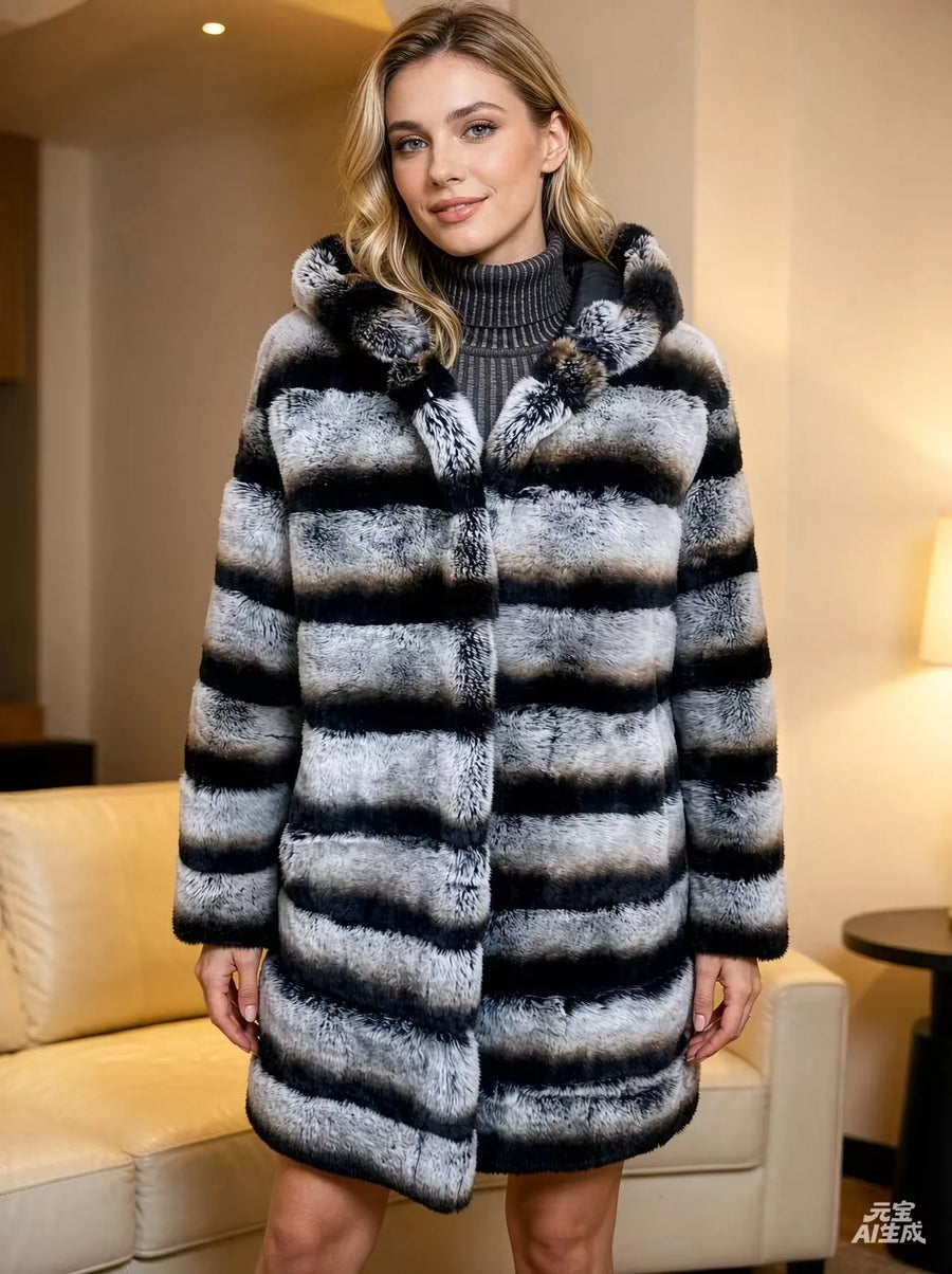 Women's soft fur-effect hooded coat