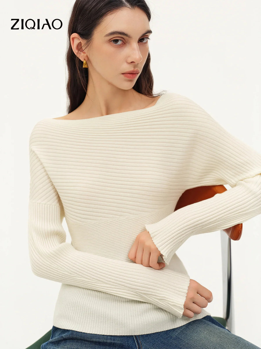 Jersey de mujer de canalé, cuello barco y mangas largas