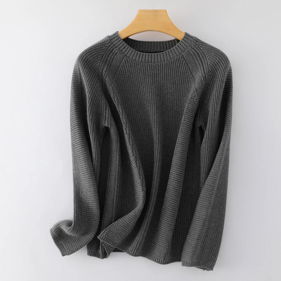 Maglione da donna lavorato a maglia con collo rotondo, maniche lunghe raglan, colore a tinta unita, stile casual