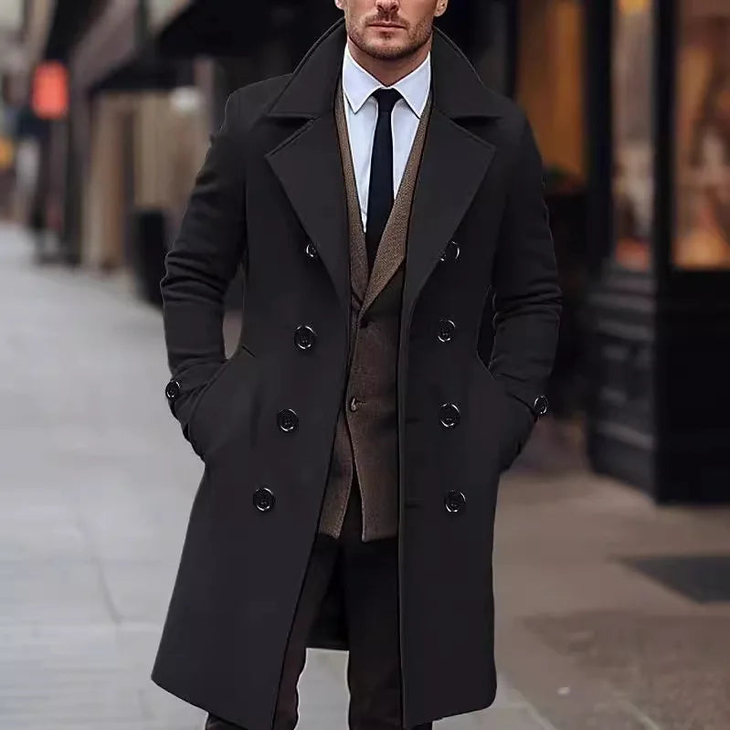 Manteau long homme croisé gris avec col large - Style classique élégant