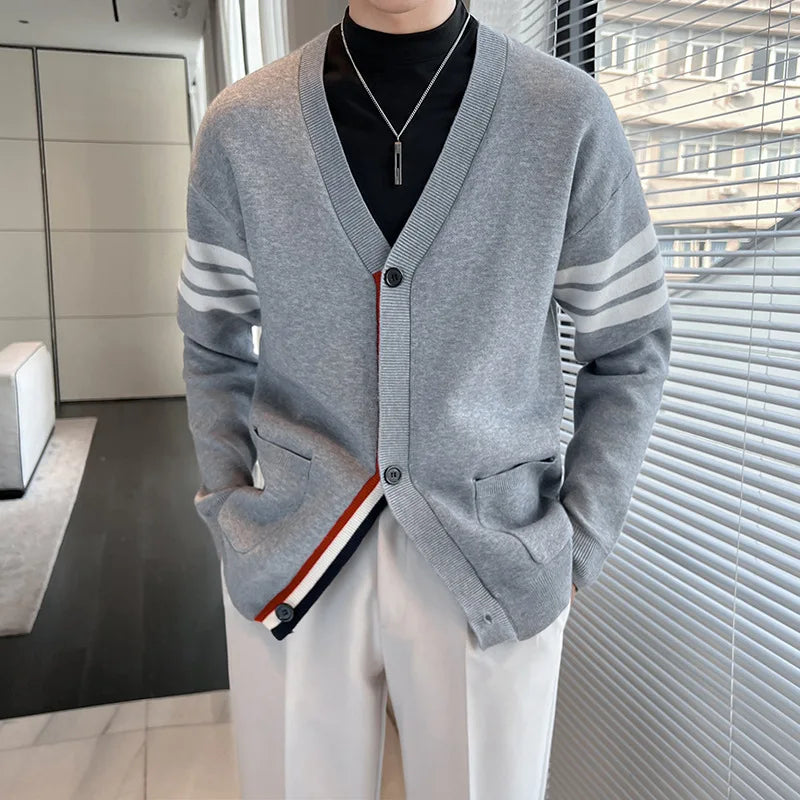 Men's button-up V-neck cardigan with sleeve stripes and tricolor details