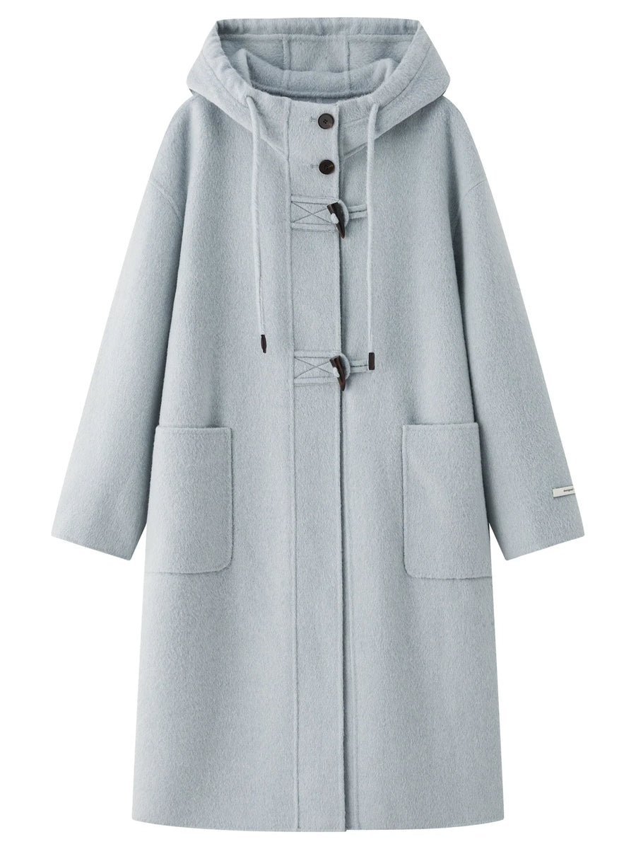 Women's Long Hooded Duffle Coat with Toggle Fastenings and Patch Pockets