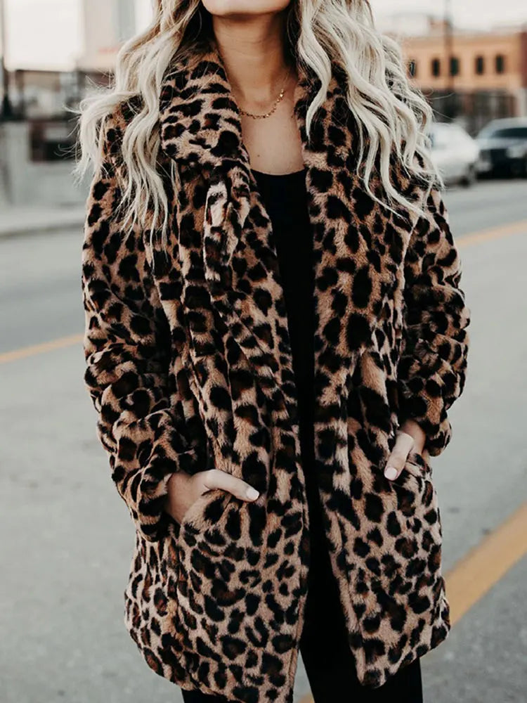 Women's Soft Leopard-Print Coat with Wide Collar