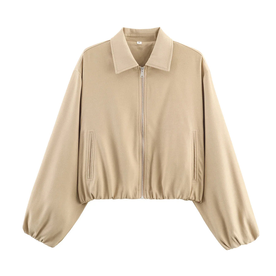 Women's Plain Short Women's Jacket with Zipper and Classic Collar